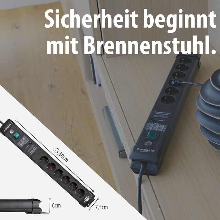 Бренненштуль Преміум-Лінія Мережевий фільтр 6 розеток з захистом від перенапруги до 60000A (з вимикачем та 3м кабелем, для кріплення на стіну, Made in Germany) чорний, розсіювач струму 60000 A