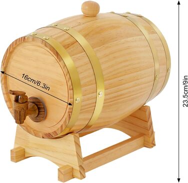 Barrel-shaped drink dispenser, 3L wine barrel, wine barrel with stand, wooden barrel for whiskey and wine, for households, hotels, bars, cellars, pantries, dining rooms