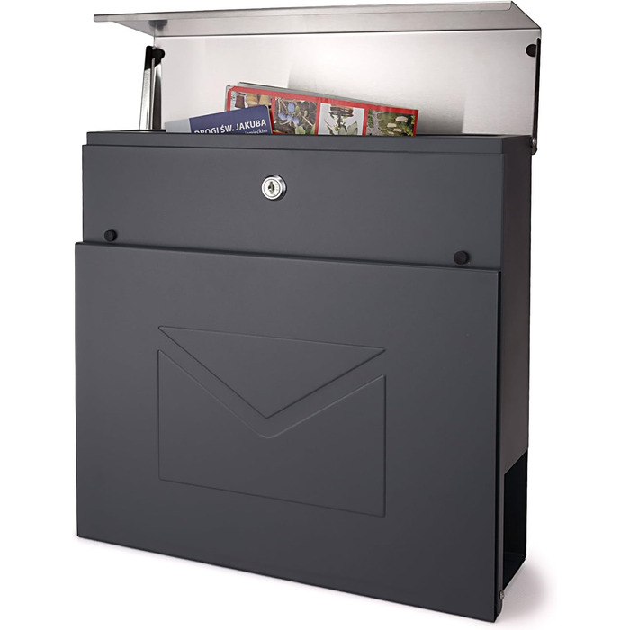 Поштовий ящик Verda з газетницею, нержавіюча сталь, антрацит, 37x37x11 см, з вікном, ключами та табличкою для імені - сучасний вуличний поштовий ящик