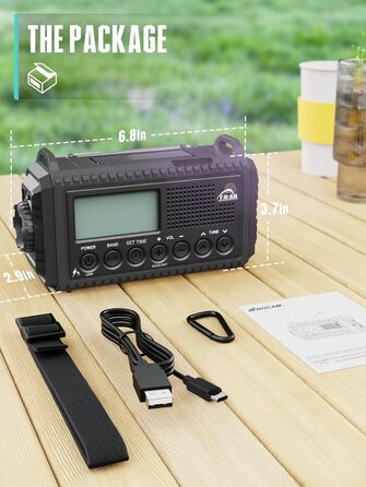 Радіо на сонячній батареї та з ручним генератором | Powerbank 12000mAh, AM/FM/SW, SOS, USB-C, IPX4, ліхтарик, для кемпінгу та відпочинку на природі (чорний)