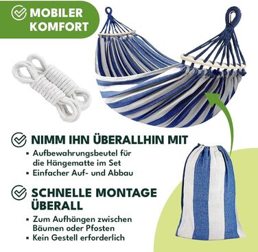 Гамак KRUMAD 260 см, до 250 кг, вологостійкий, бавовна-поліестер, для саду, балкону, кемпінгу, з дерев'яними розпірками та сумкою (блакитно-білий, без каркасу)