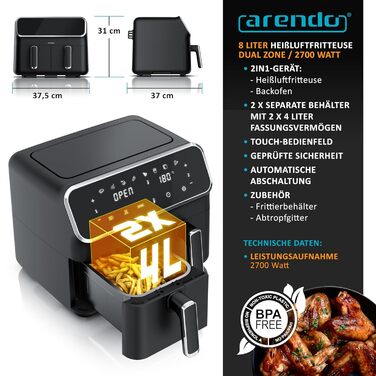 Арендо - Фритюрниця повітряна подвійна з 2 камерами, XXL об'єм, 2700 Вт, Airfryer, нержавіюча сталь, сенсорний дисплей, 3D циркуляція повітря, антипригарне покриття, без PFAS