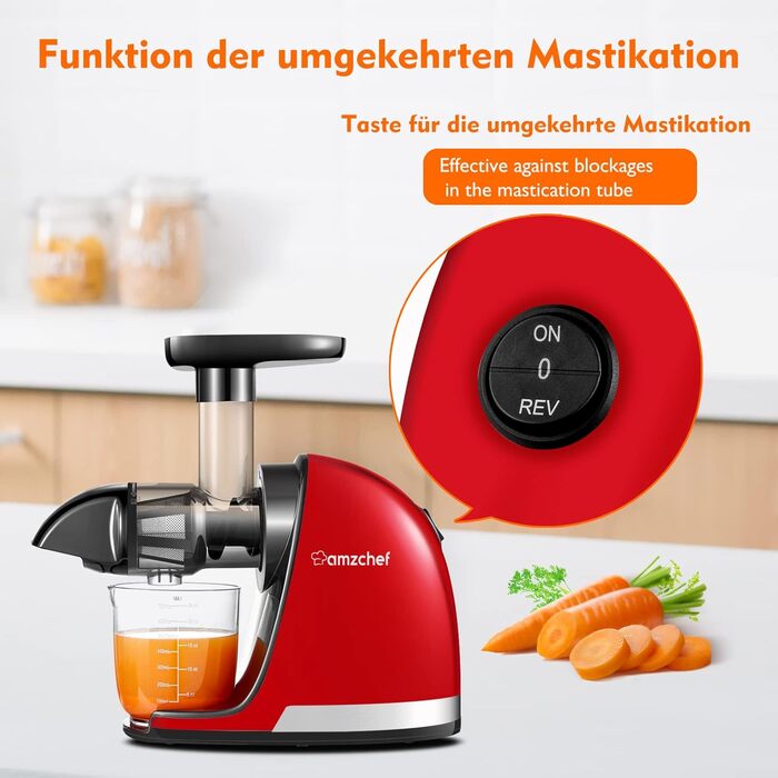 AMZCHEF Juicer for Vegetables and Fruits - Test Winner - Slow Juicer with Reverse-Mastication Function - Gentle Crushing Without Filtering - Electric Juice Press with Brush and 2 Cups - Cherry Red