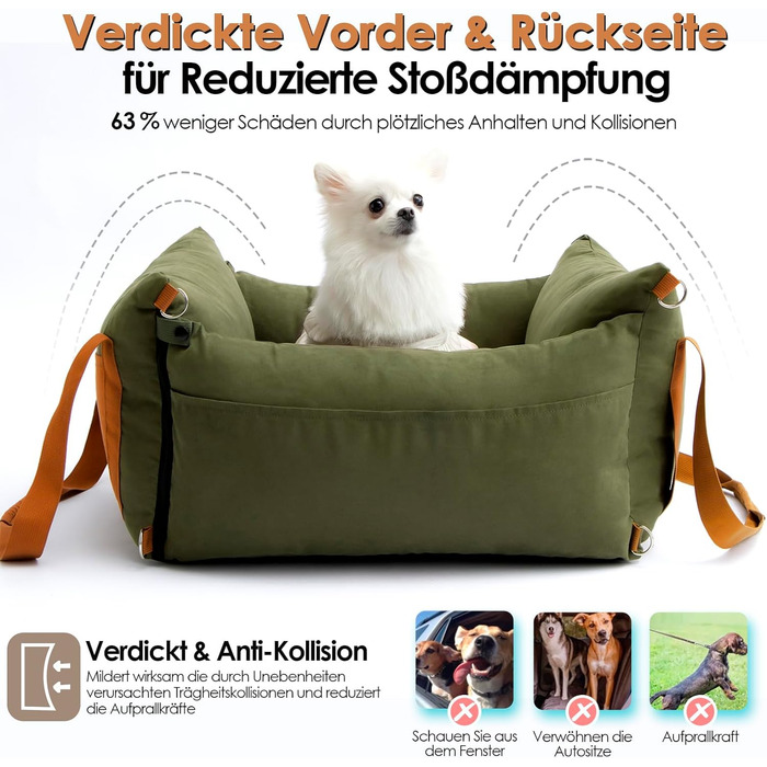 Small & Medium Dog Car Seat - Portable Pet Carrier with Extendable Bed, Washable Travel Dog Bed with Storage Pockets & Safety Belt - Green