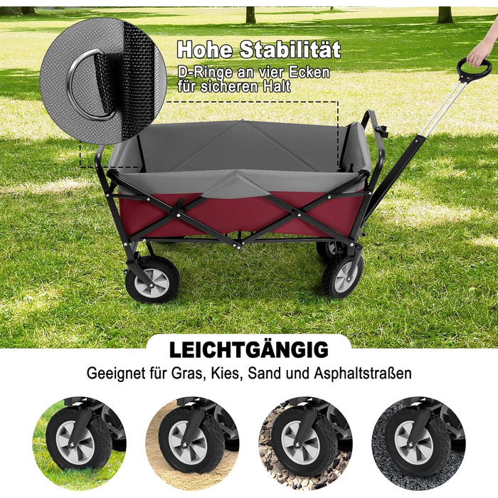 Візок-теліжка EUGAD Bollerwagen 100л Fuchsia + Grau, складаний, для саду, кемпінгу, пляжу, вантажопідйомність 180 кг