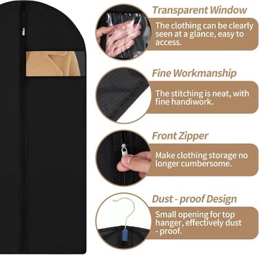 4 місткі мішки для одягу, 120 x 60 см, чорні, з блискавкою, для зберігання одягу та захисту від пилу