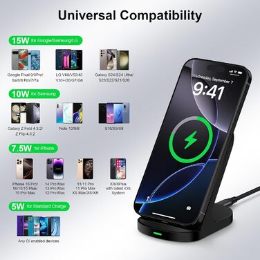 Бездротовий зарядний пристрій 15W Stand для Samsung Galaxy S25/S24/S23/S22/S21 FE та iPhone 16/15/14, Google Pixel 9/8/7/6 (Білий/Чорний)
