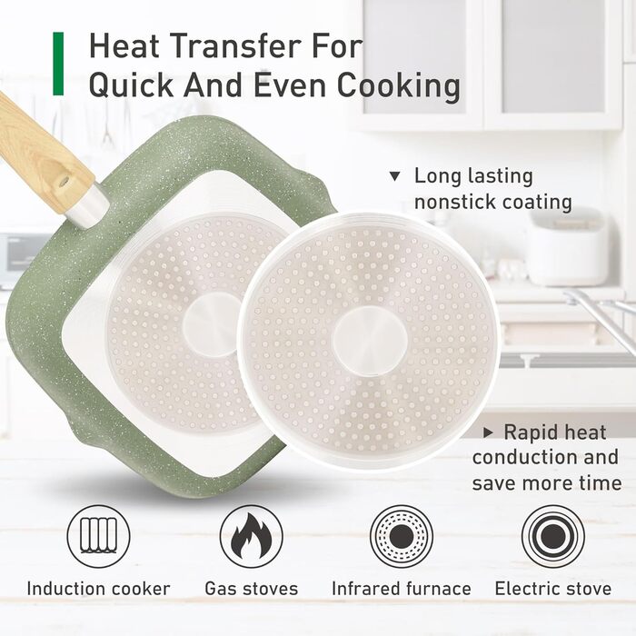 Kitchen Academy 17-Piece Induction Cookware Set with Glass Lids and Granite Coating, including Frying Pans and Pots (green 17 pc)