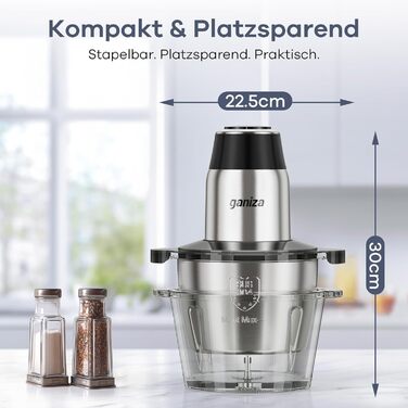 Електричний кухонний комбайн Ganiza Zerkleinerer з м'ясорубкою, 2 чаші (1.8л + 1.8л), подвійні ножі, 2 швидкості для м'яса, овочів, горіхів GC1-DE