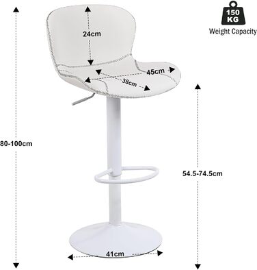 Барний стілець Youhauchair, регульована висота, PU-шкіра, водонепроникний, з підлокітником та підставкою для ніг, обертається, сучасний, білий (3 шт. в наборі)