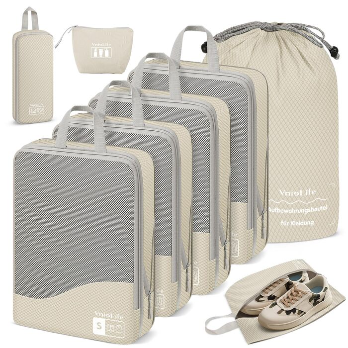 Набори для пакування валіз VnioLife (8 шт.) - Органайзери для подорожей, компресійні куби для одягу, синій та бежевий