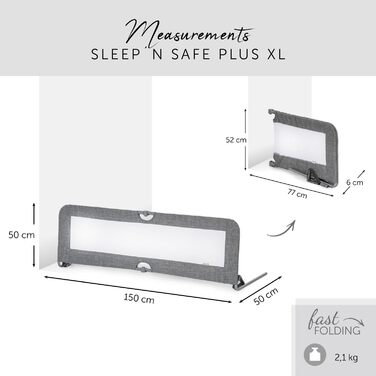 Захисний бортик для ліжка hauck Sleep N Safe Plus XL, дитячий, 150x50x44 см, складаний, для дітей 18 міс-5 років, сірий меланж, підходить для ліжок 200-220 см