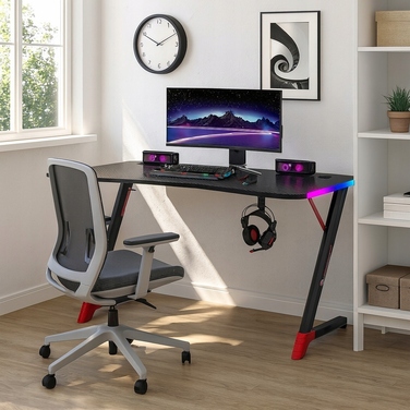 Ігровий комп'ютерний стіл з LED-підсвіткою, сучасний геймерський стіл, 140 см, чорний