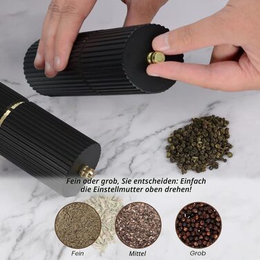 Набір дерев'яних млинків для солі та перцю з золотистими акцентами, бук, ручний помол з регулюванням крупності, чорний колір (з підставкою)