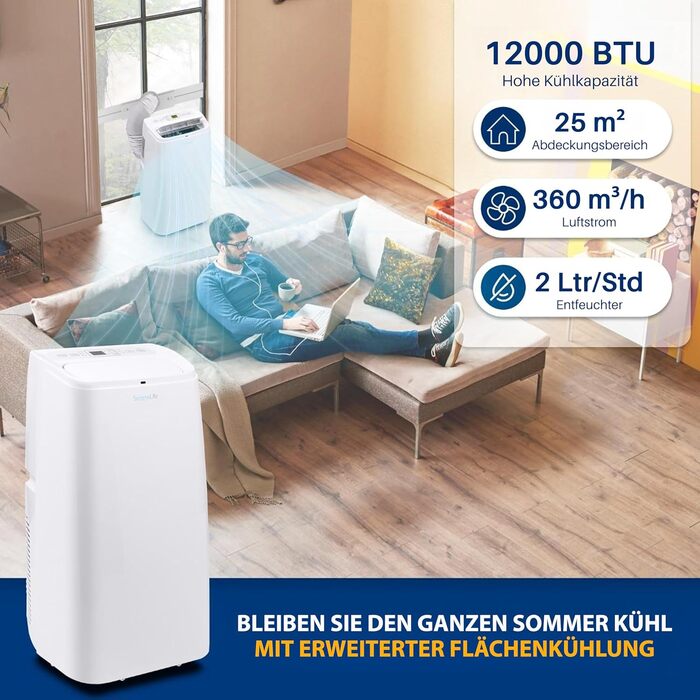 Мобільний кондиціонер SereneLife 9000 BTU (12000 BTU EU) – 3-в-1: кондиціонер, вентилятор, осушувач повітря. Для приміщень до 42 м², білий
