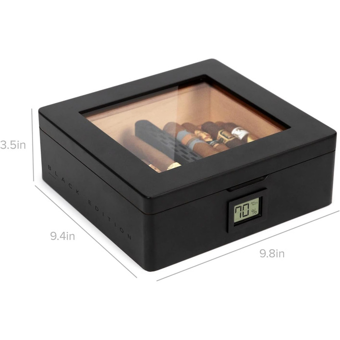 CASE ELEGANCE MAG - Настільний вологозбережувач для сигар, горіх, 20-30 сигар, скляна кришка з магнітом, восьмигранна форма, цифровий гігрометр, іспанська кедр (чорний з монограмою)