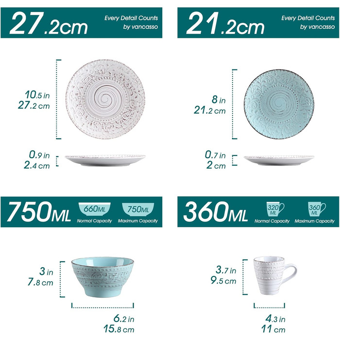 Tableware stoneware, vancasso VINE Ess Geschirrset, 16-piece combination tableware set with 4 dinner plates, cake plates, bowls, and cups each for 4 people, embossed vine design 16-piece tableware set Vine series