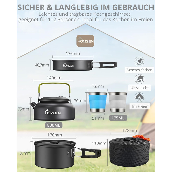 Набір посуду для кемпінгу HOMGEN: каструлі та сковорідки з алюмінію, легкий набір для 2-3 особи