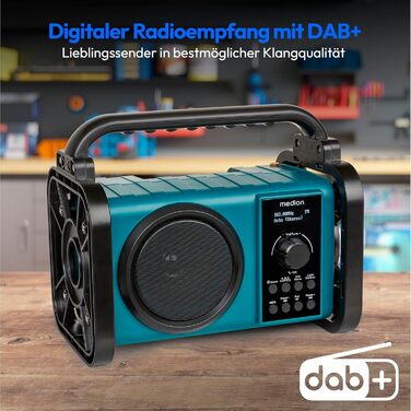 Радіоприймач Medion E66877 DAB+ Baustellenradio: Bluetooth 5.0, DAB+, UKW, LED-ліхтар, акумулятор/мережа, водонепроникний (IP44), синій