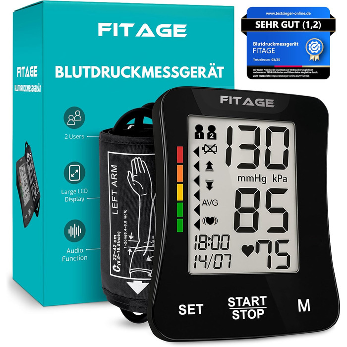 Цифровий тонометр на плече Oberarm з функцією пам'яті, виявлення аритмії та вимірювання пульсу. Підходить для об'ємів плеча 22-42 см. Чорний колір