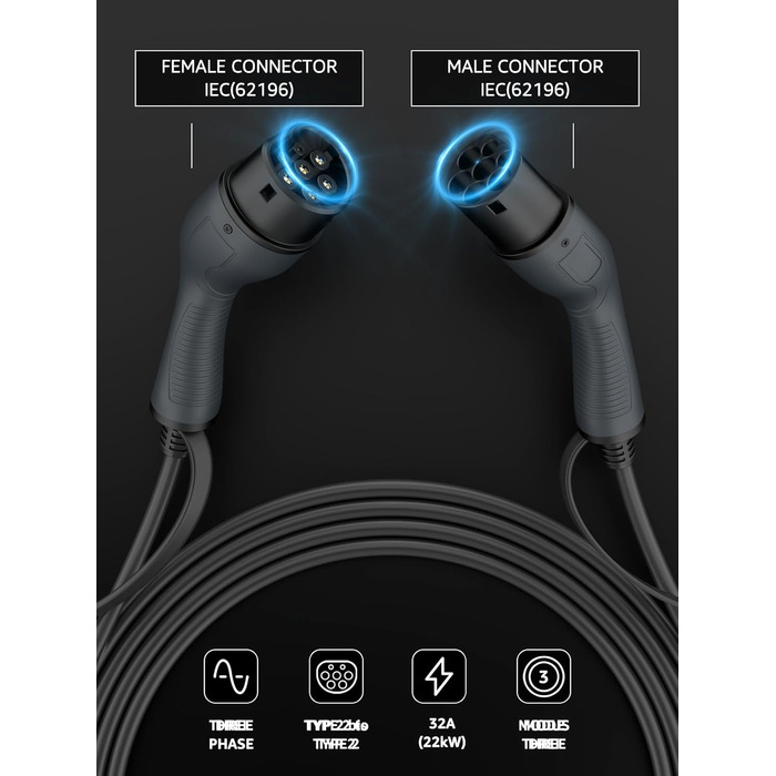 Кабель зарядки для електромобіля Bokman Typ 2, 11 кВт, 3-фазний, 5 метрів (з сумкою та мікрофіброю)
