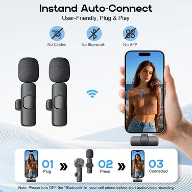Бездротові кліп-мікрофони для iPhone/Android/комп'ютера/iPad - 2 шт. з шумозаглушенням для відеозйомки, Vlogging, TikTok, YouTube, Plug-and-Play