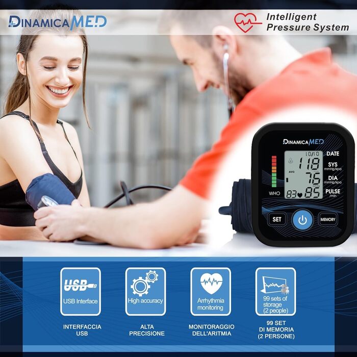 Тонометр на плече Dinamicamed Med-a139 з USB-кабелем та 2*99 пам'яттю, високоточний