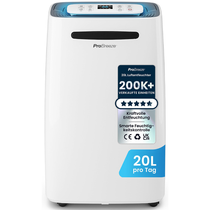 Осушувач повітря Pro Breeze 20л/24год для приміщень до 30 м², 4 режими роботи, цифровий дисплей, функція сушіння білизни та таймер, захист від вологості та плісняви