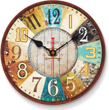 VIKMARI Quartz Wall Clock Wood Silent Hanging Clock, Battery-Powered Round Rustic Clock, Easy to Read Vintage Interior Wall Clock || 14' (France Parisian Style, 20 cm)