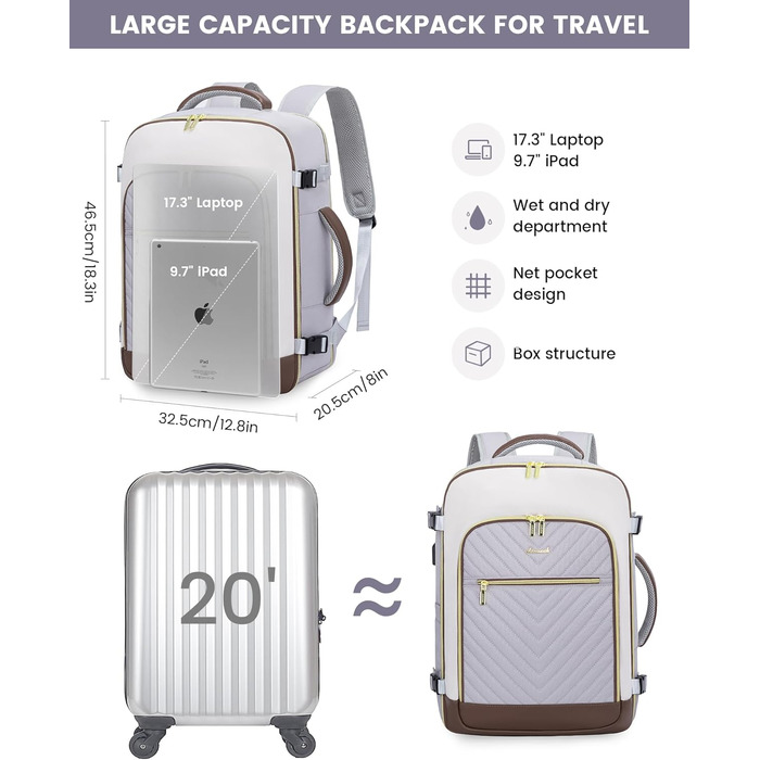 Рюкзак LOVEVOOK для жінок, 40L, ручна поклажа, для ноутбука, водонепроникний, рюкзак для подорожей, дамська сумка-мішок, 17.3 дюйми, сірий, білий, кавовий