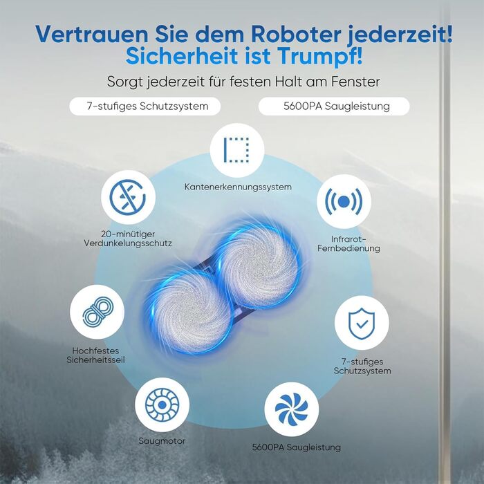 Робот для миття вікон Fensterputzroboter 5600 Па з пультом, 3 режими, подвійне розпилення, навігація, 60 мл, для скла та дверей (білий)