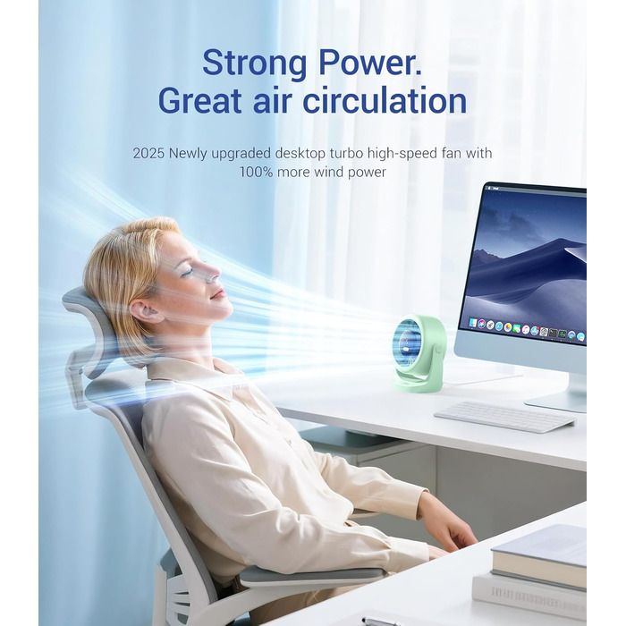 USB Turbo вентилятор для столу TurboBreeze (зелений): тиха робота, LED-дисплей, 5 швидкостей, 360° обертання, портативний