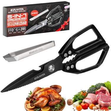 Кухонні ножиці 5-в-1 з пінцетом, титанове покриття, нержавіюча сталь, для птиці, риби, м'яса, чорний колір
