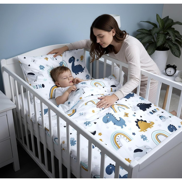 Комплект постільної білизни для ліжечка малюка Kinderbettwäsche: комплект постільної білизни для дитячого ліжечка з бавовни, розмір 100x135 см та 40x60 см, з динозаврами (Dinosaurier Dino), сертифікат Öko-Tex Standard для хлопчиків та дівчаток
