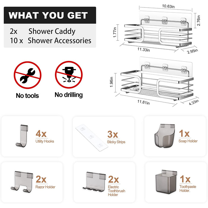 Gsocel Shower Shelf with 2 Hooks, Silver