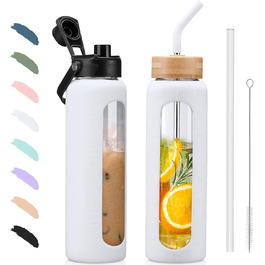 BLUEGO Glass Water Bottle - Sports Water Bottle with 2 Lids and Straw. Leak-proof glass bottle with time marker and measuring scale. BPA-free, (White, 900 ml)