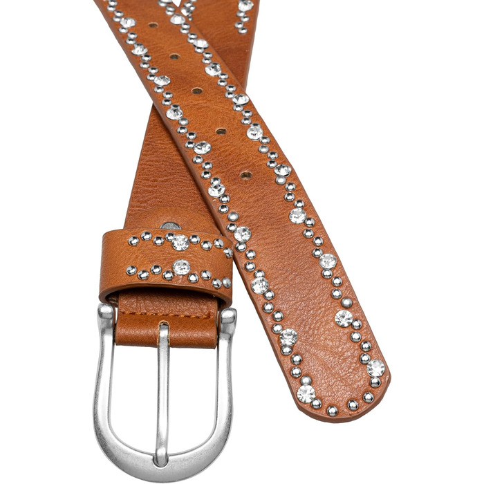 Жіночий ремінь Caspar GU292 з декором стрази та заклепки, колір коньяк, розмір 107-111 см