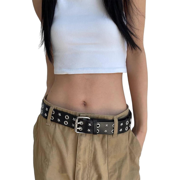 Жіночий шкіряний ремінь Punk з пряжкою, зірочками та дворядною конструкцією (чорний)