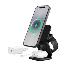 Зарядна станція KU XIU X40 Turbo Qi2.2 25W 3-в-1 для iPhone 17/16/15/14/13/12, Apple Watch та AirPods, складна бездротова зарядка, алюмінієвий адаптер GaN 45W (Чорний)