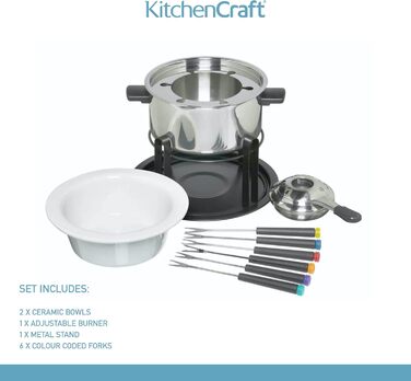 Набір для фондю KitchenCraft 3-в-1 з кольоровими виделками, для шоколадного, м’ясного та сирного фондю, сріблястий