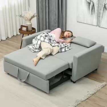 HOMCOM Sleeper Sofa, 2-Seater Sofa Bed with Sleeping Function, Adjustable Backrest, Couch with Cushions, Velvet Look, Sleeper Sofa with Storage Box for Living Room, Guest Room, Light Grey | Aosom