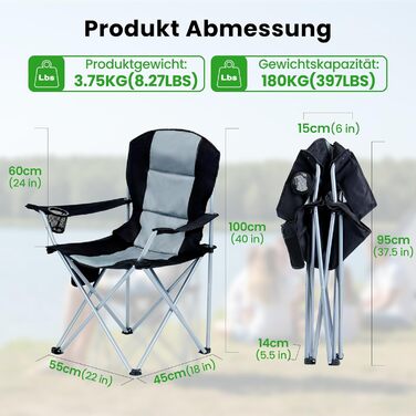 Кемпінговий стілець розкладний (до 200 кг) з подушкою 6 см - великий стілець для риболовлі, кемпінгу, саду та фестивалів. Міцний стілець з бічними кишенями та сумкою для транспортування (чорно-сірий, поодинокий)