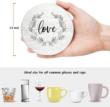 Britimes Drink Coasters, Set of 6, White Marble, Inspiring Love, Absorbent, Round, Ceramic Stone Mat, with Cork Base and Metal Holder, Gift for Housewarming, Bar, Decor (Retro 5)