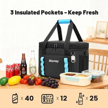 Велика розширювана сумка-холодильник з м'якого матеріалу, двоярусна ланч-сумка для жінок та чоловіків, вміщує 40 банок, вологостійка та портативна – ідеально для пляжу, кемпінгу, подорожей. Чорний колір