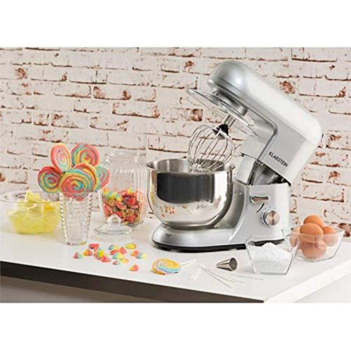 Klarstein 5L Stainless Steel Stand Mixer - 2000W Kitchen Machine with Dough Hook & Whisk - 6 Speed Universal Mixer for Baking & Cooking