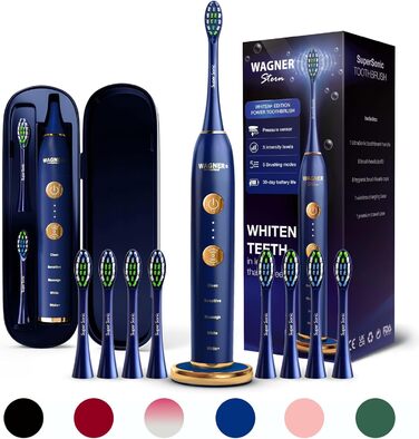 Електрична зубна щітка Wagner Stern WHITEN+ Edition з датчиком тиску, 5 режимів чищення, 3 інтенсивності, 8 насадок, синій колір