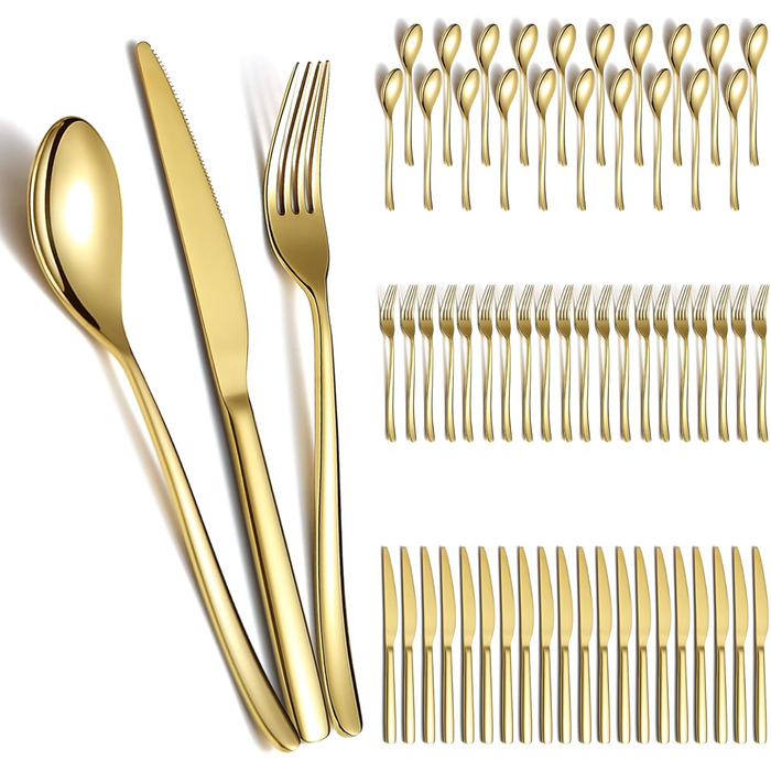 Berglander Gold Wedding Cutlery Set 60pcs Service for 20, Titanium Coated Stainless Steel Cutlery Set, Gold Spoon Fork Knife Set for Home, Wedding, Restaurant, Dishwasher Safe