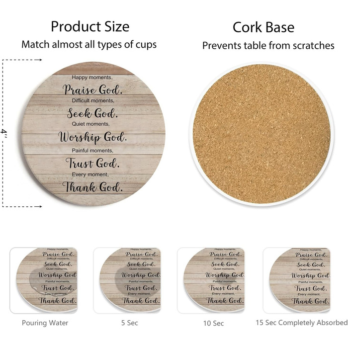 Hoomey Drink Coasters with Bible Verses, 6 Pack - Absorbent Drink Coasters with Holder, Ceramic Coasters with Cork Back for Table Protection, Christian Coasters, Christian (Set of 6 Christian Coasters)