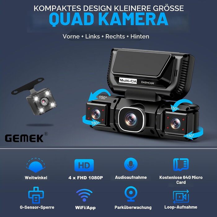 Автомобільний відеореєстратор GEMEK 4K/2K 360° огляду, 4-канальна Dashcam (передня, задня, ліва та права камери), 5G Wi-Fi, керування через додаток, G-сенсор, нічна зйомка, 3.16