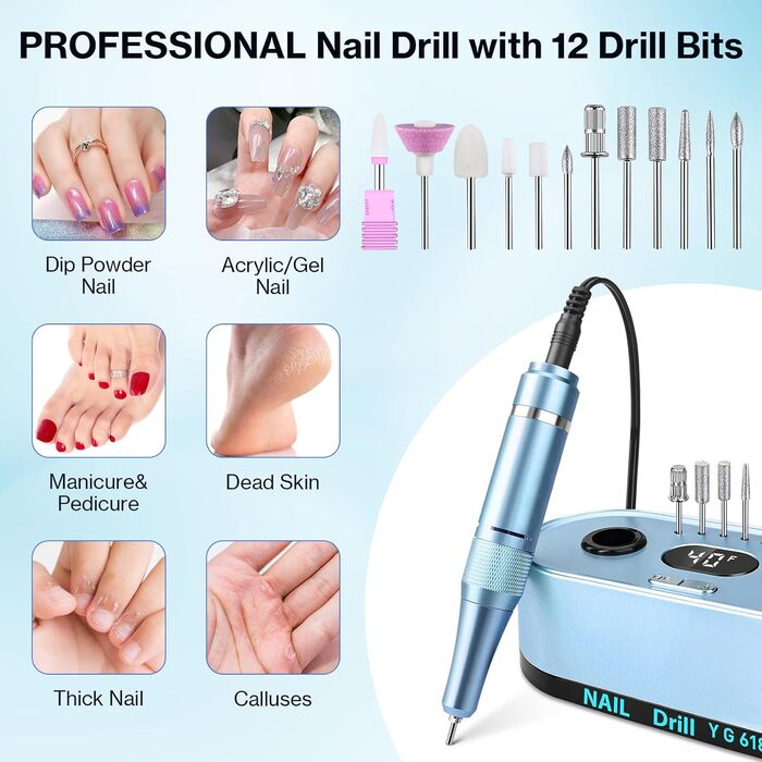 Електрична шліфувальна машинка для нігтів, професійна, 40000 об/хв, LCD манікюр/педикюр, набір з багатофункціональною базою, портативна, з підсвічуванням, сенсорне керування (Світло-блакитний)